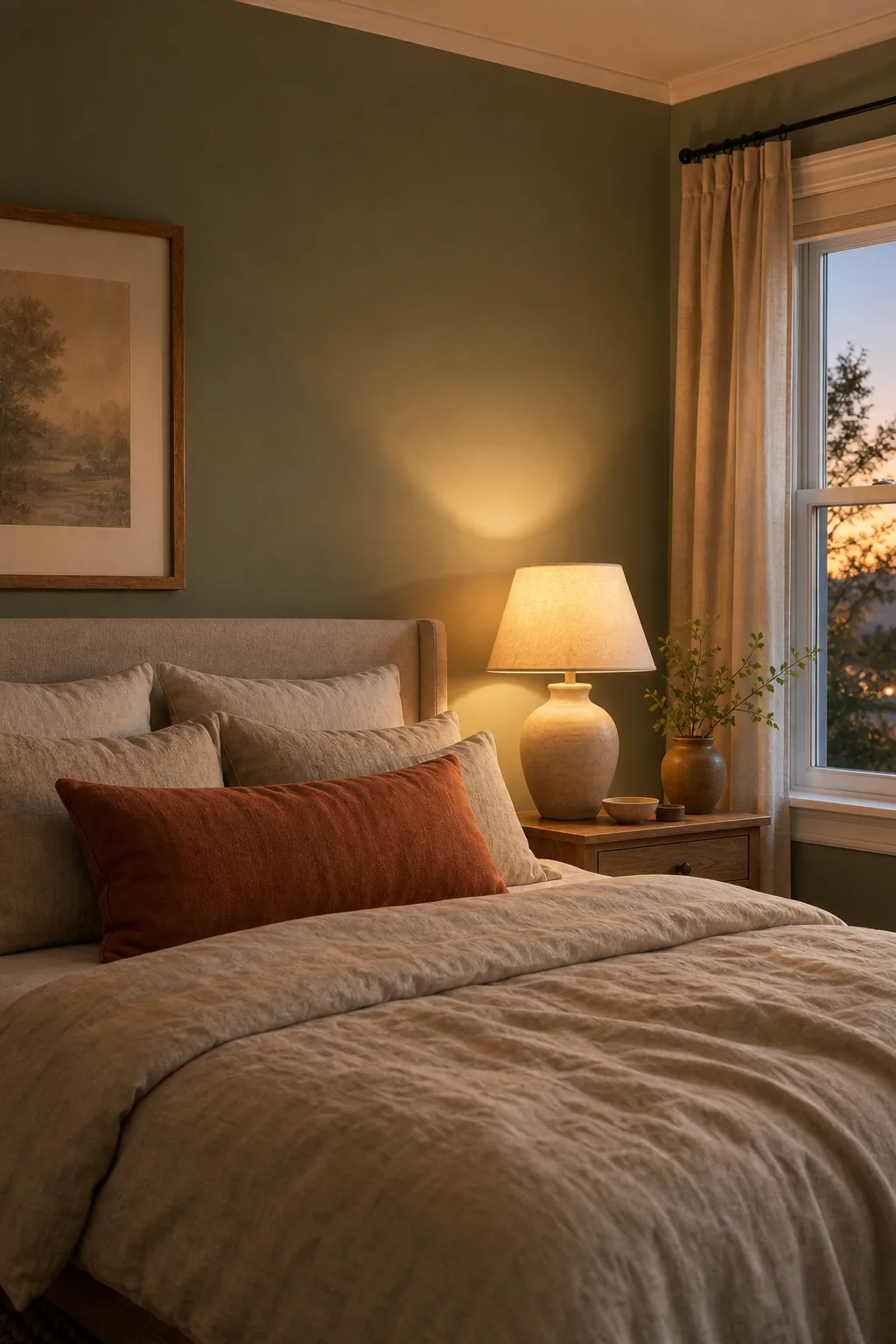 Bedroom corner glowing warmly under the light of a bedside lamp at dusk.