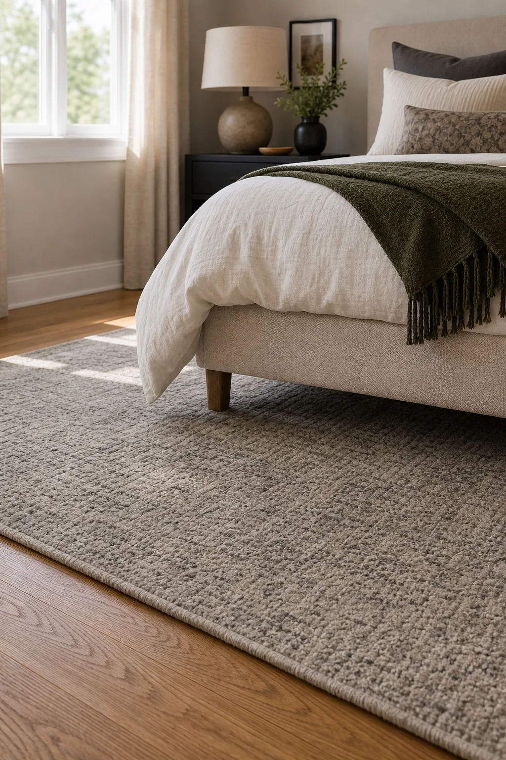 Textured gray area rug extending beneath a light upholstered bed frame on an oak floor.