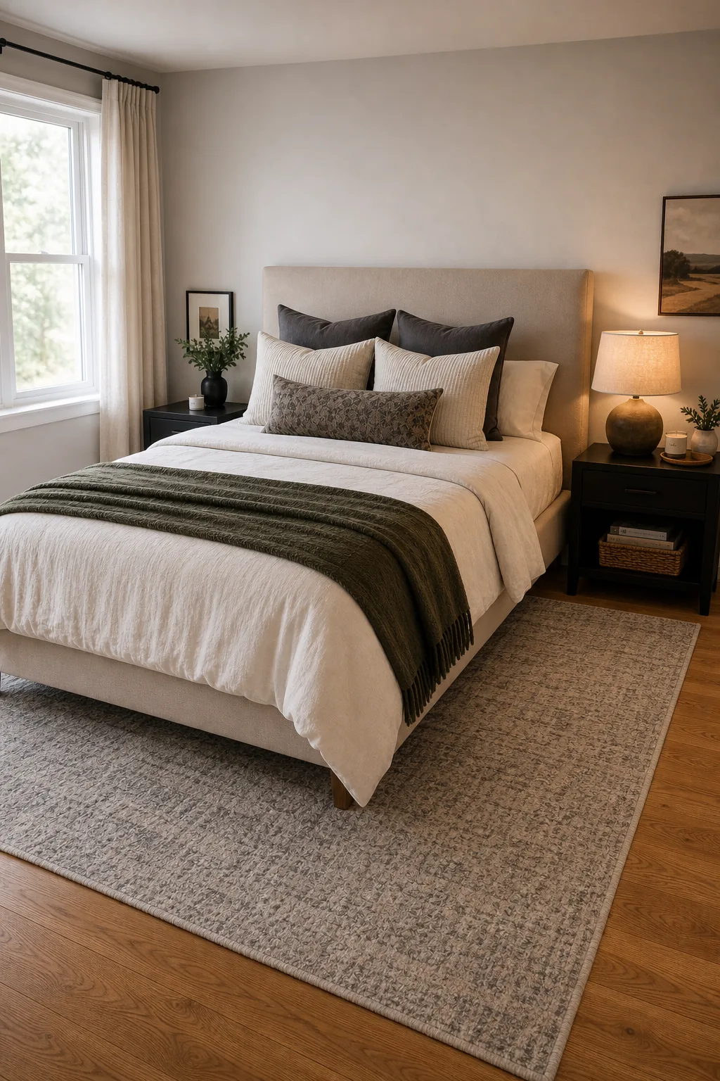 Aerial view of a queen bed centered on a large rectangular rug with equal margins on the sides.