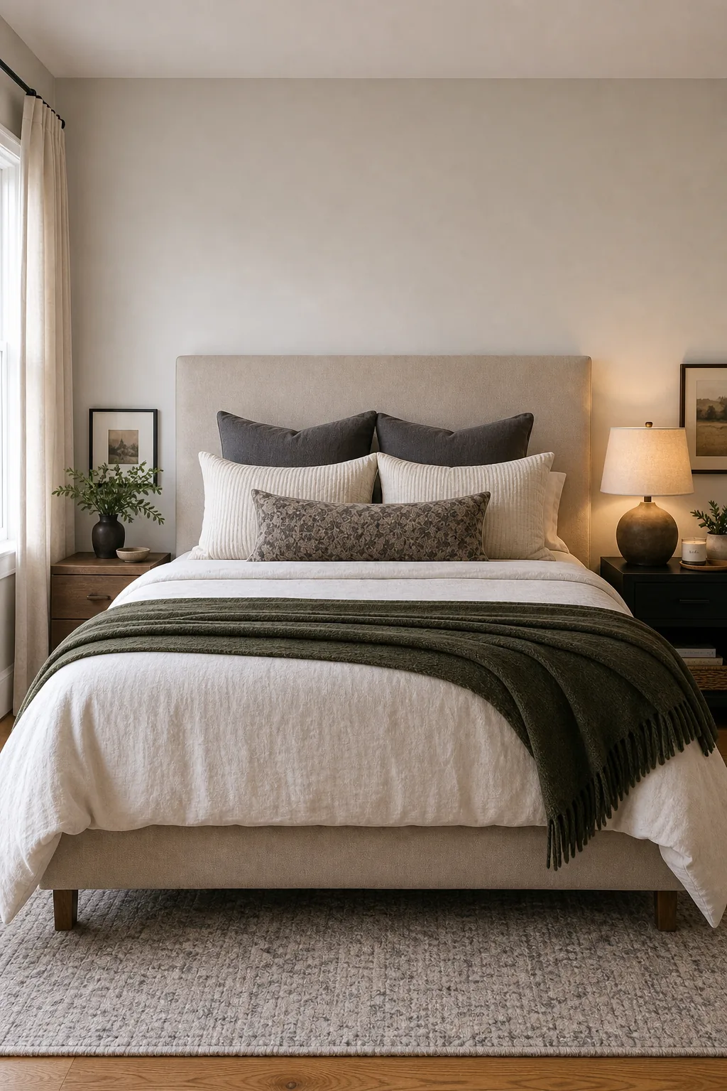 Upholstered beige headboard framing a neatly made bed with crisp white sheets.