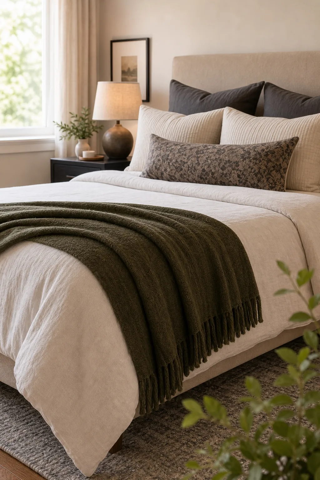 Olive green fringed throw blanket draped across the foot of a white linen duvet.