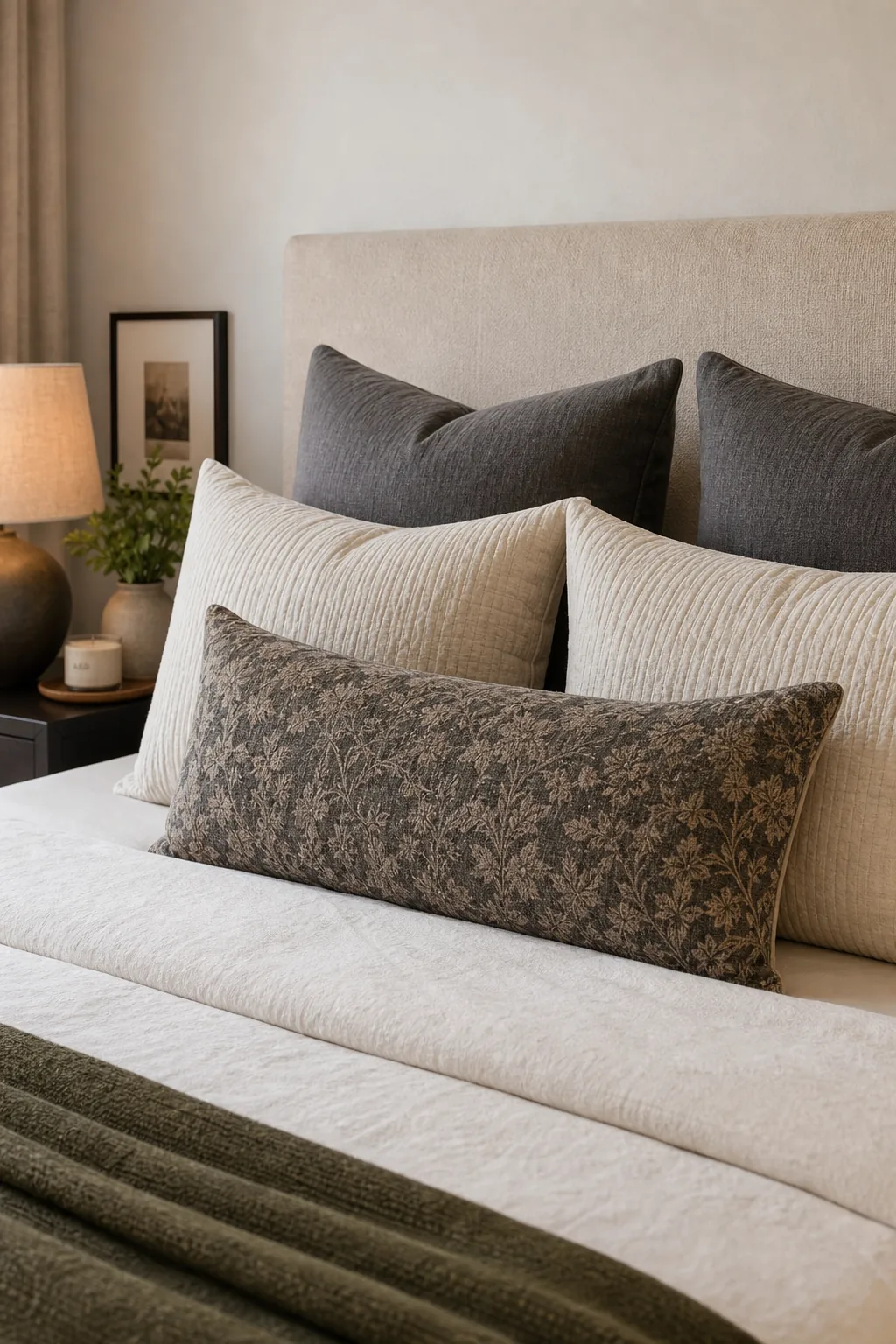 Layered bed pillows featuring dark gray shams behind cream textured cushions and a long floral lumbar.