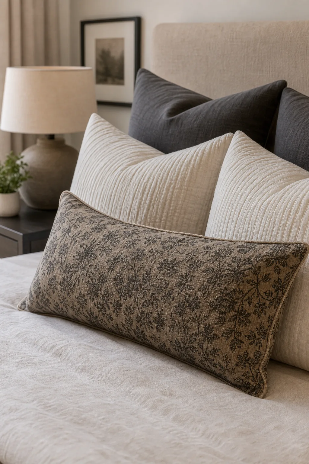 Rectangular decorative pillow with a muted botanical print resting against ribbed white shams.