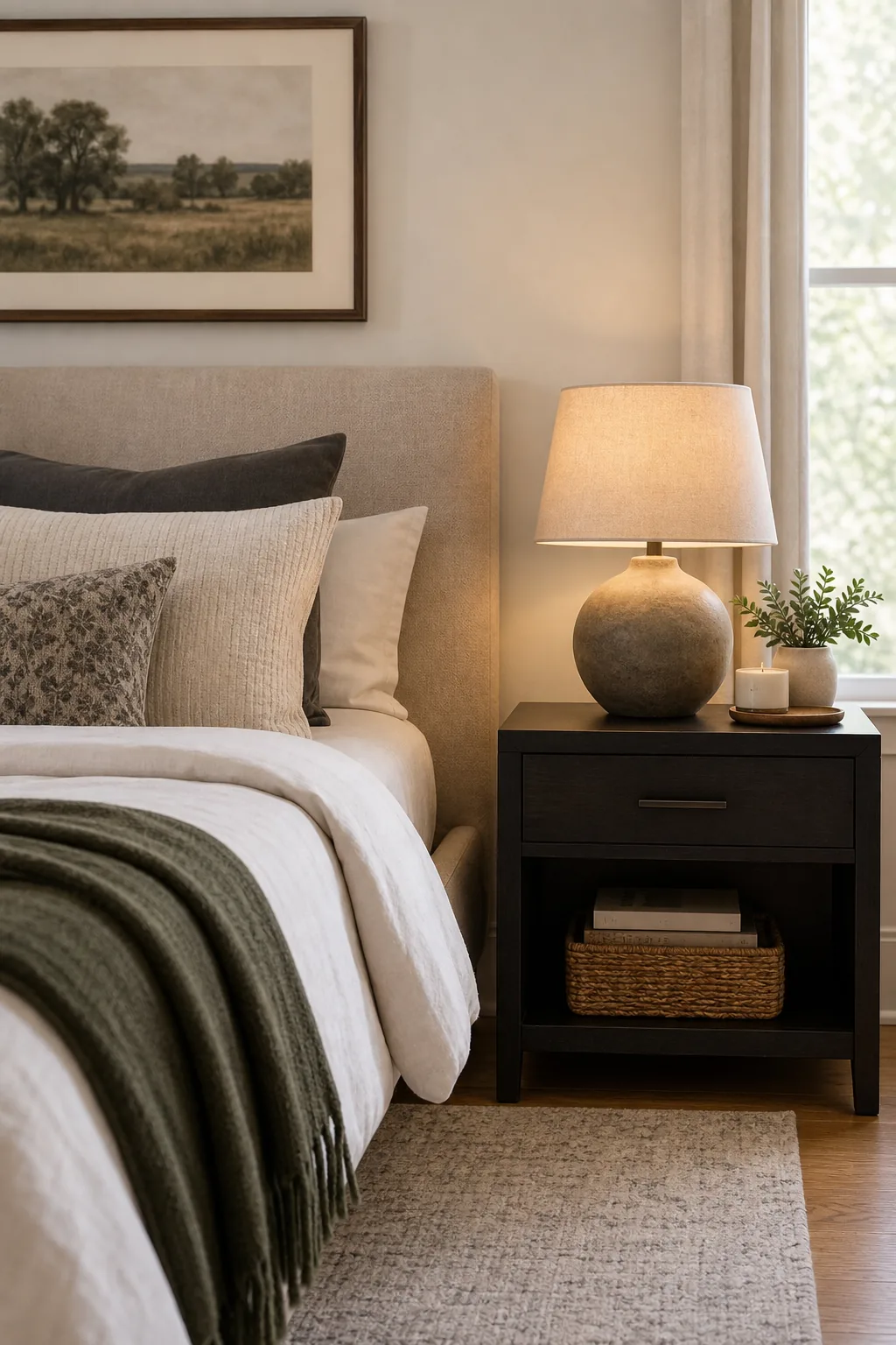 Round ceramic table lamp with a linen shade sitting on a dark wood nightstand next to a mattress.