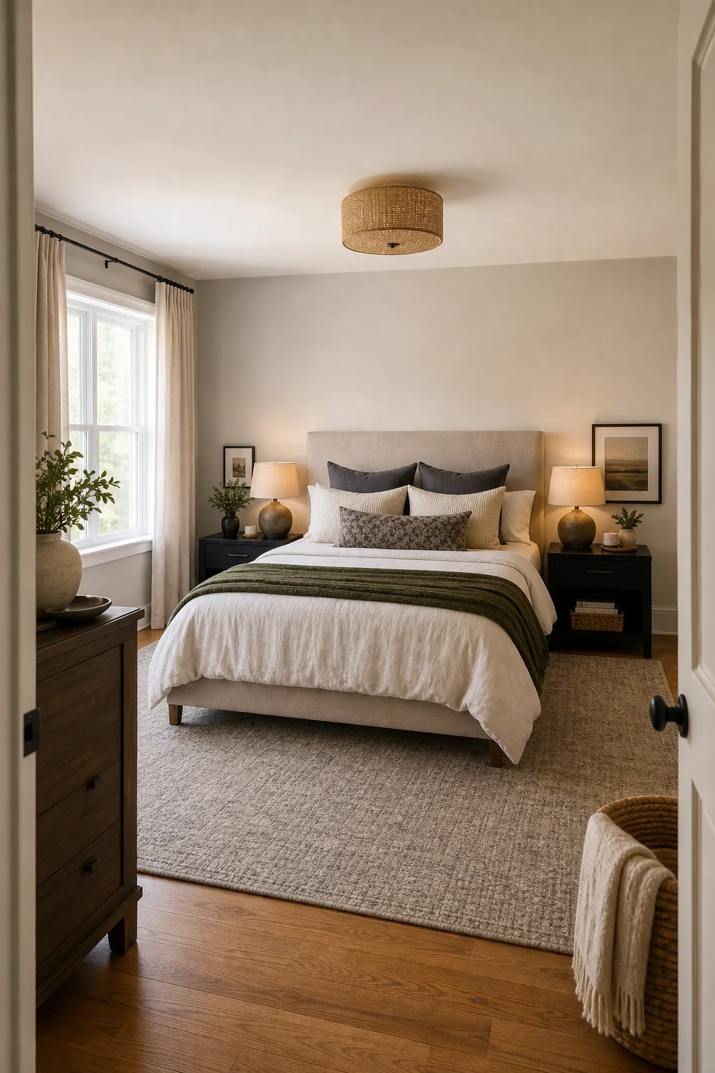 Fully styled modern cozy bedroom featuring a layered bed, symmetrical nightstands, and a large anchor rug.