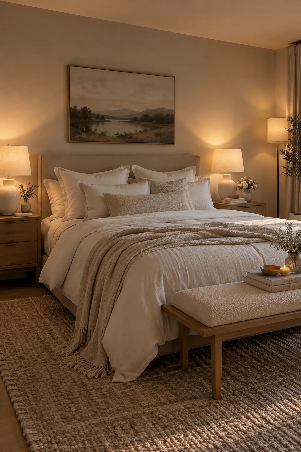 Two warm brass table lamps on wooden nightstands next to a neatly made bed.