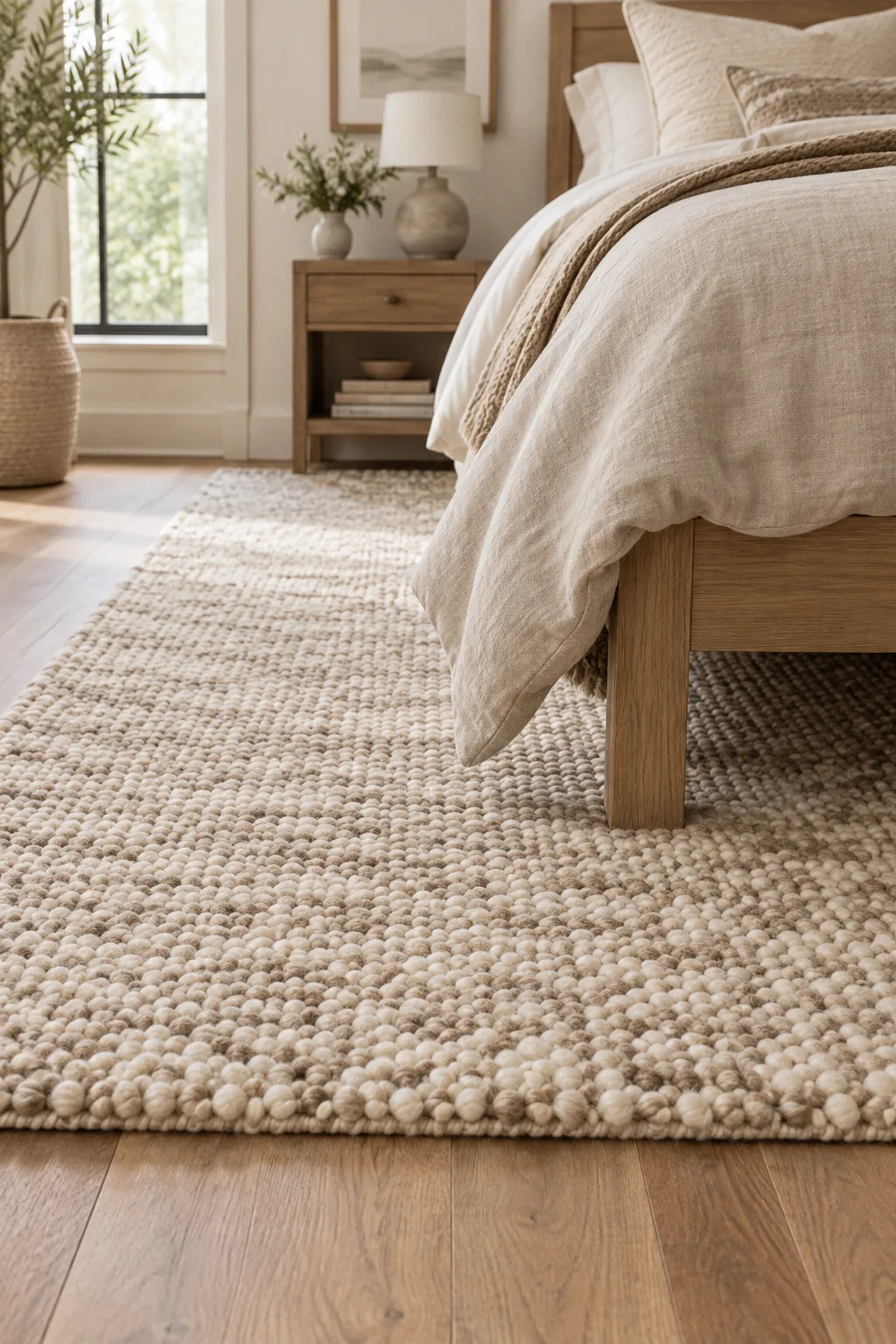A large vintage rug placed two-thirds under a king-sized upholstered bed.