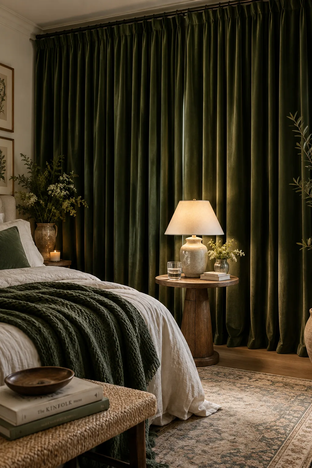 Thick linen blackout curtains hanging wall-to-wall in a bedroom.