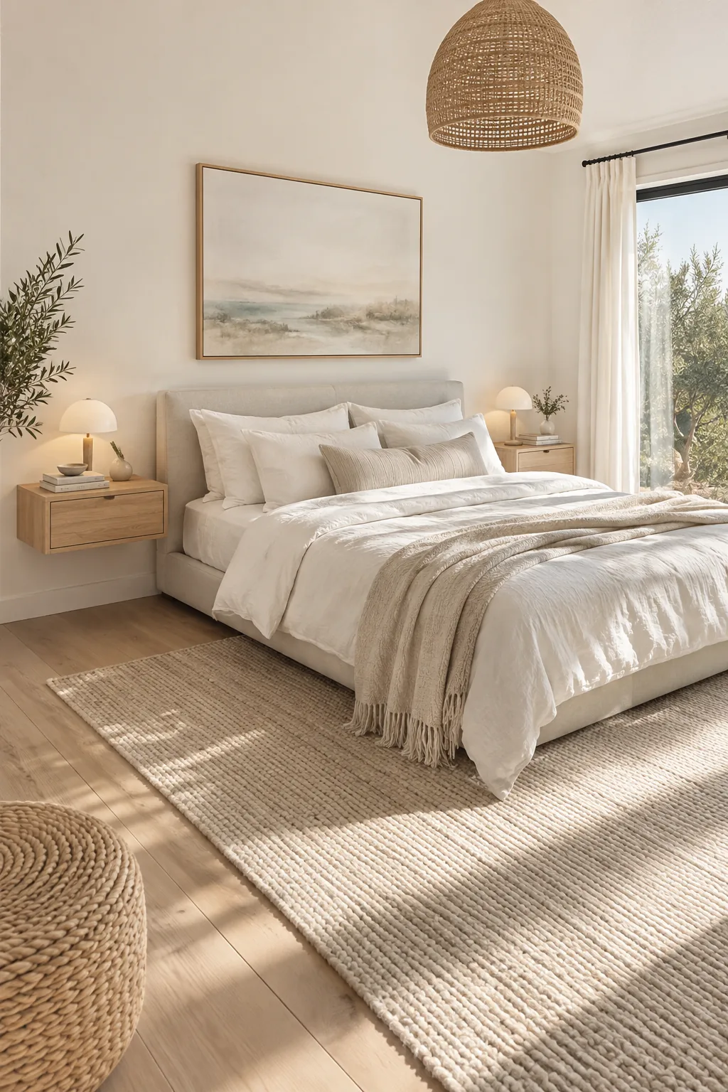 A sleek wooden drawer mounted to a white wall beside a bed.