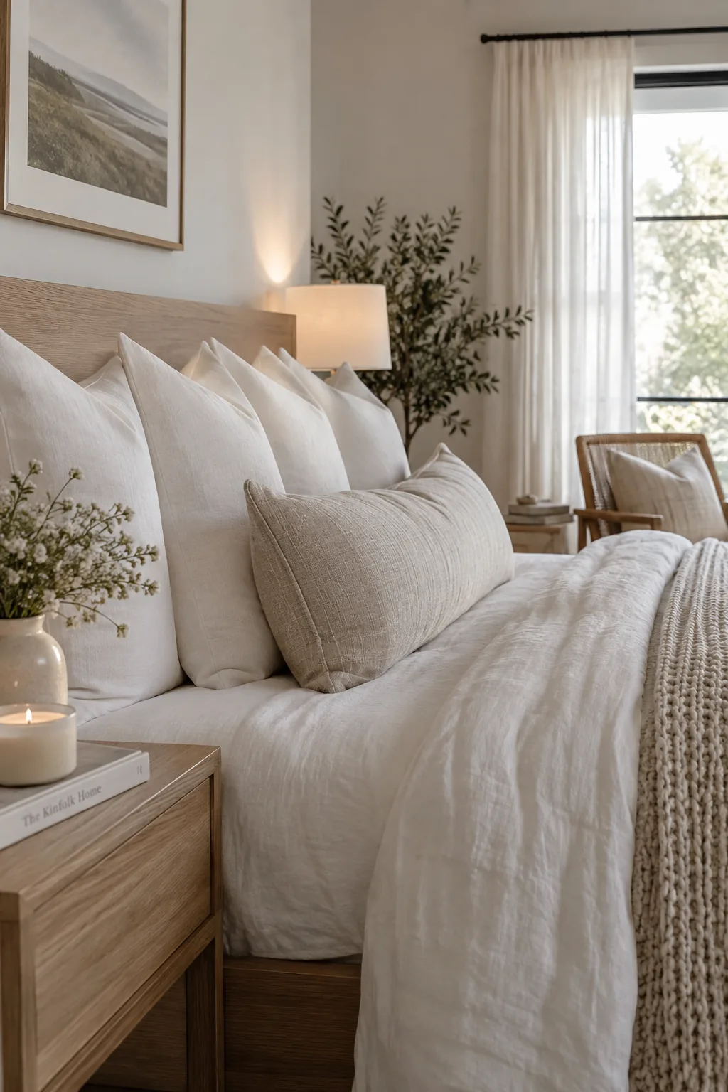 A neatly made bed with four stacked pillows and a single long lumbar pillow.