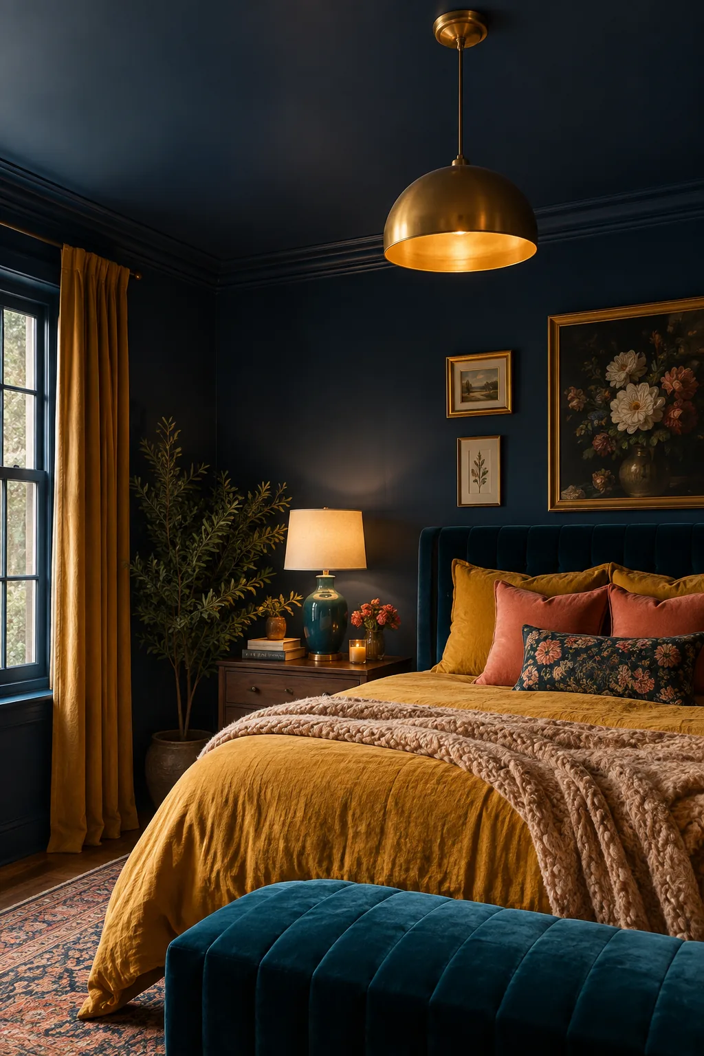A bedroom featuring dark navy blue walls and a matching painted ceiling.