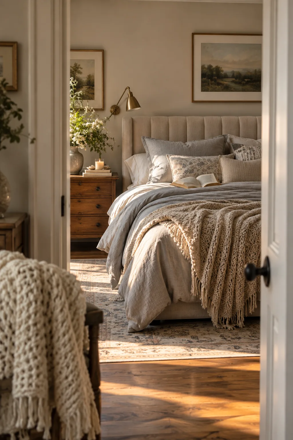 A tall, channel-tufted velvet headboard in a neutral bedroom.