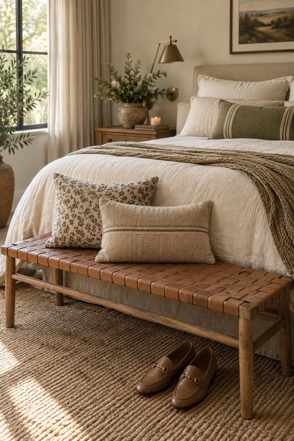 A woven leather bench sitting at the foot of a bed with white linens.