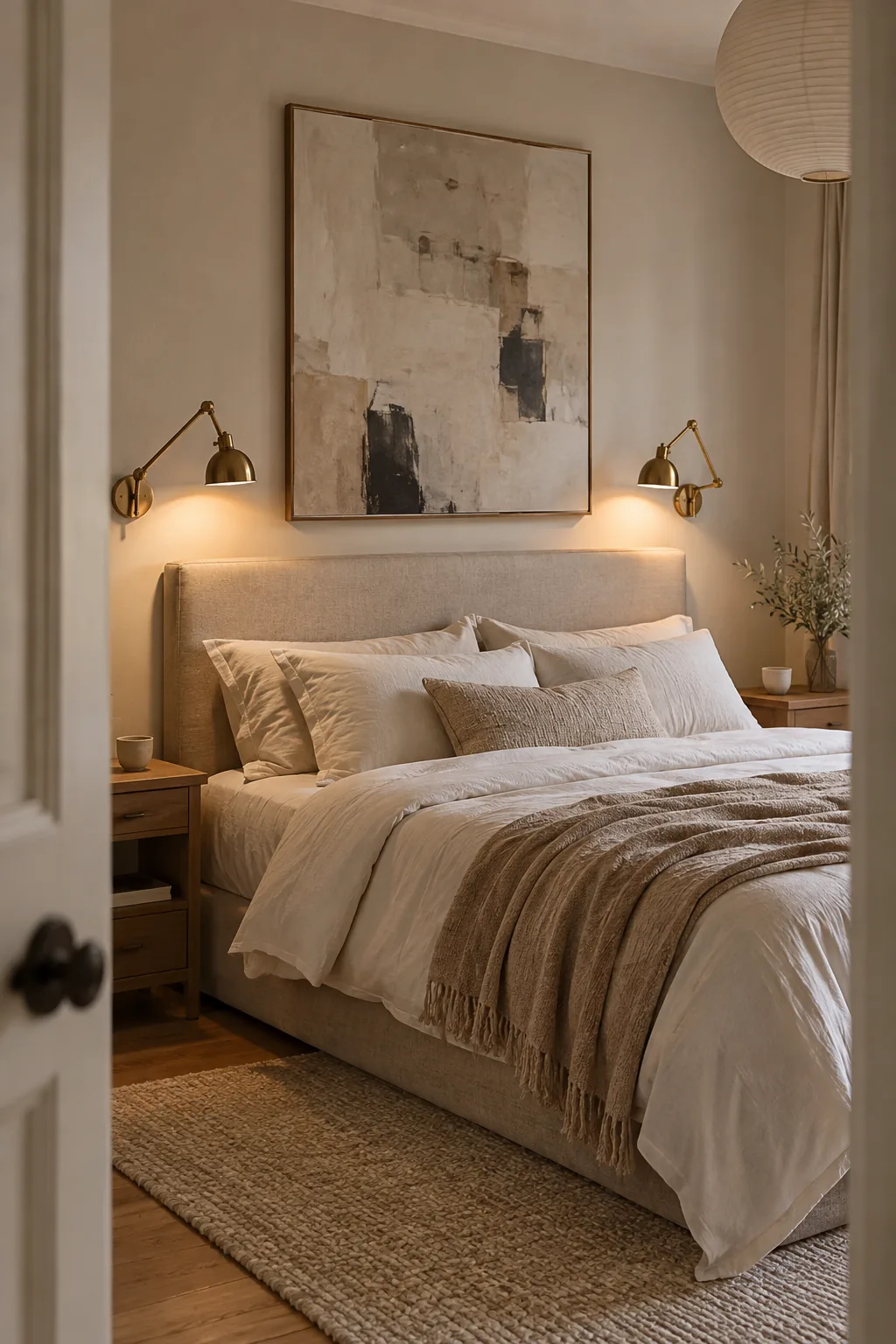 A brass articulating wall sconce mounted above a wooden bedside table.