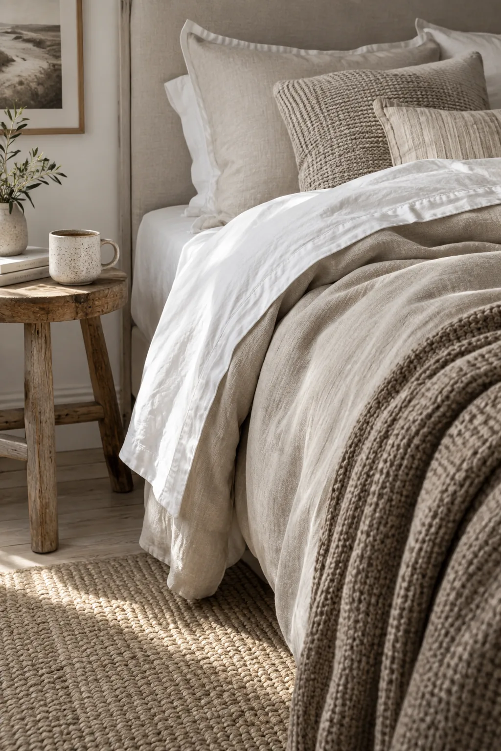 A bed layered with white sheets, an oatmeal duvet, and a taupe throw.