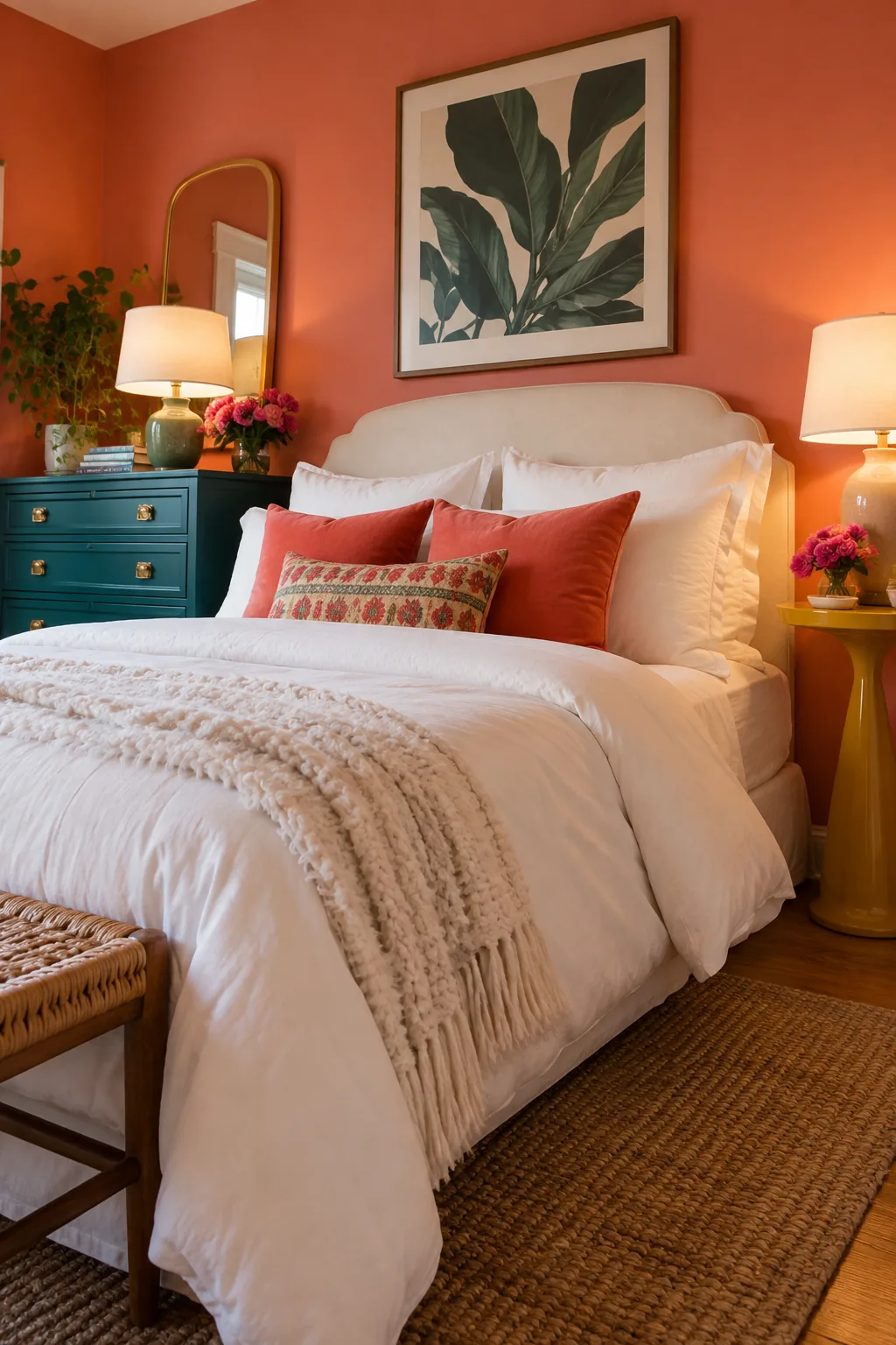 A bedroom with a wooden dresser on one side of the bed and a round metal table on the other.
