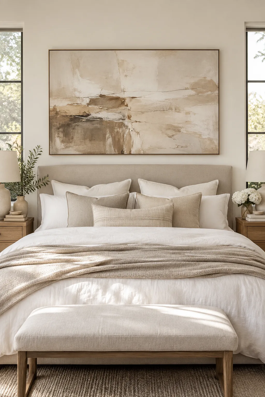A large abstract canvas painting hanging centered above a king bed.