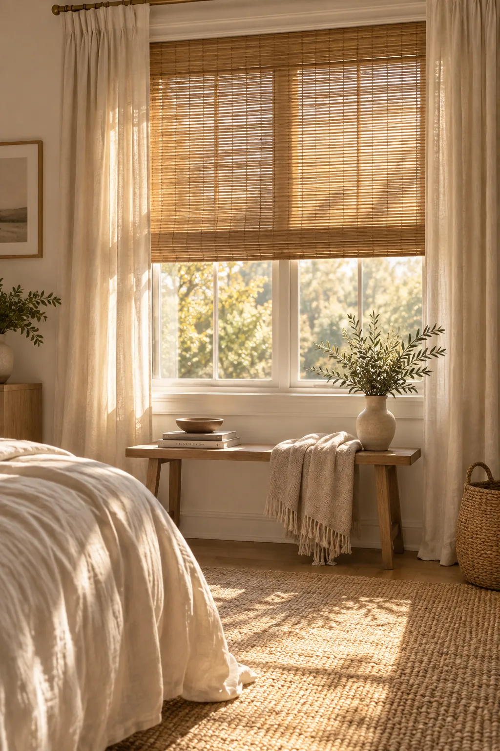 Woven bamboo roman shades pulled halfway down a bedroom window.