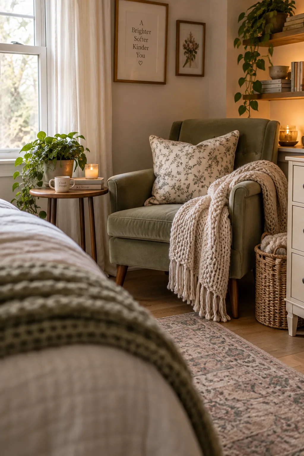 A comfortable linen armchair and a small drink table in a bedroom corner.