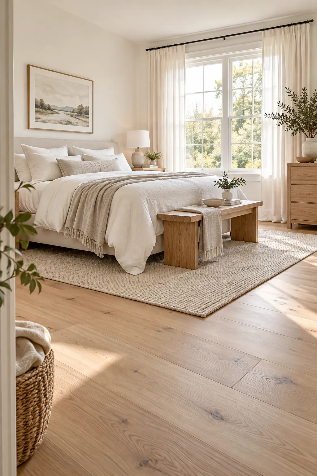 A bright Scandinavian bedroom with wide-plank European white oak floors and white linen bedding.