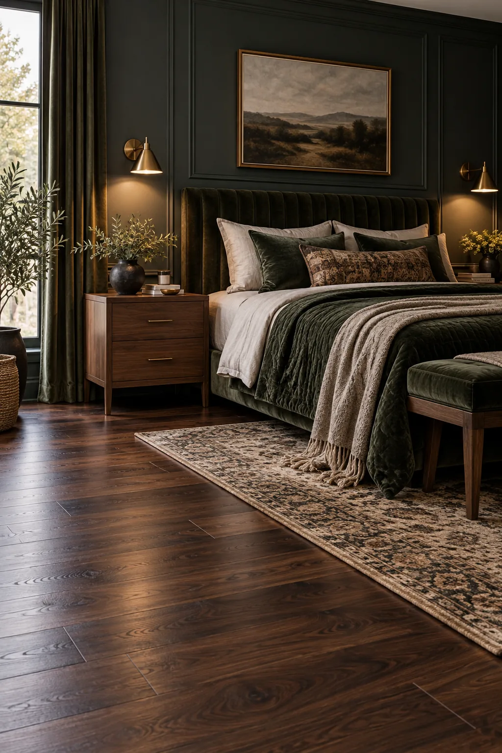 A moody modern bedroom with dark walnut floors, dark walls, and brass accents.