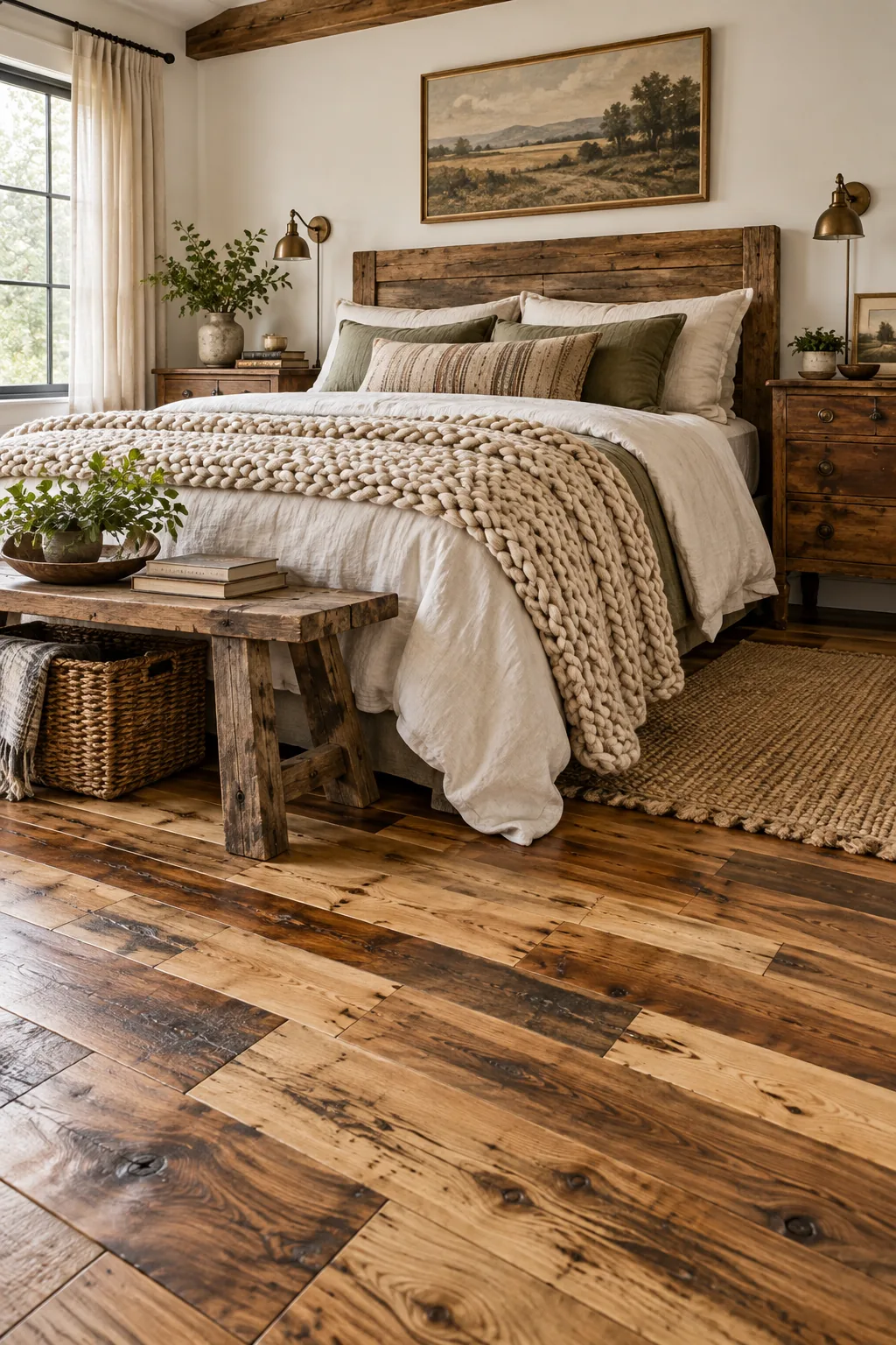 A rustic farmhouse bedroom with reclaimed hickory floors and vintage wooden nightstands.