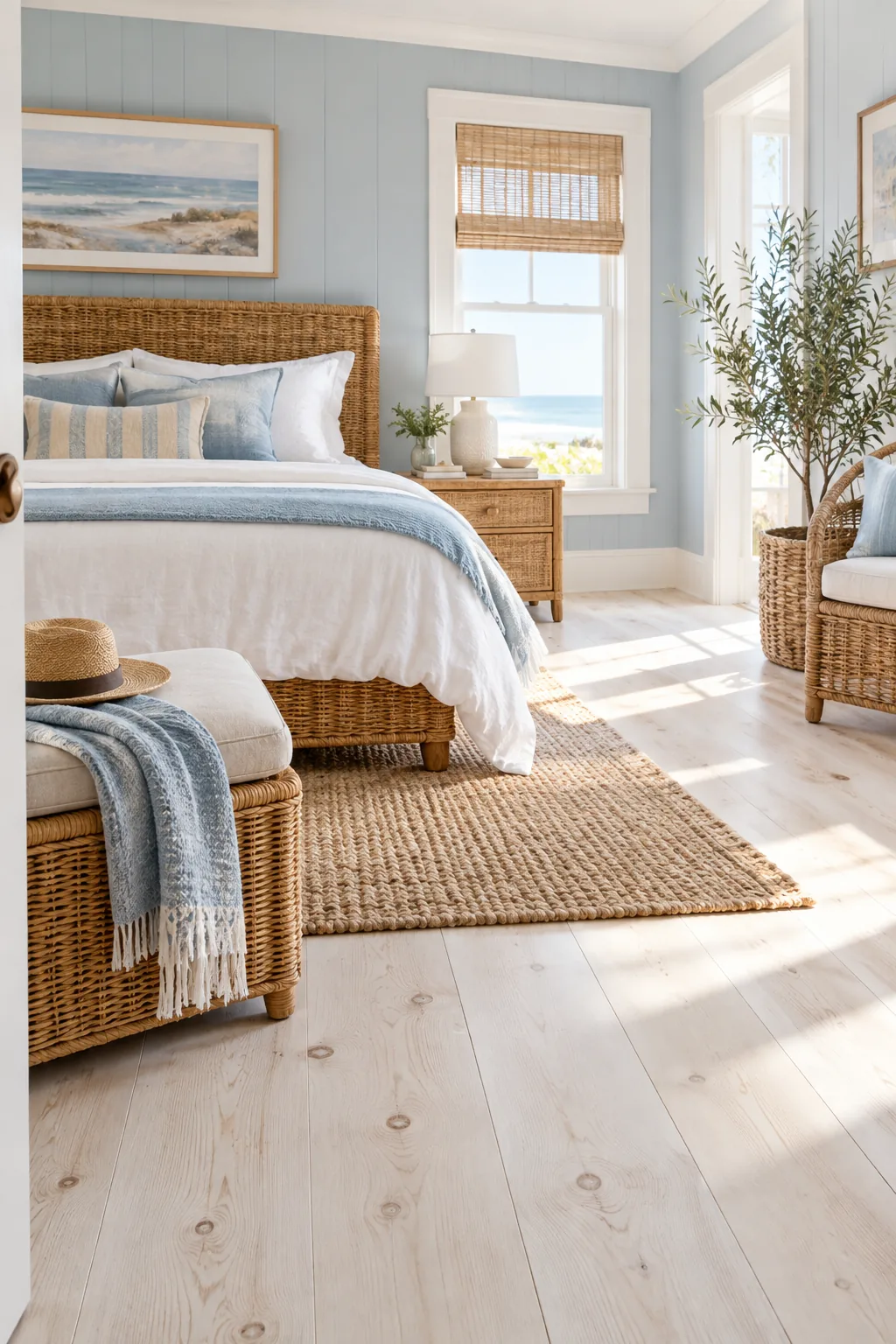 A coastal cottage bedroom with whitewashed pine floors, rattan furniture, and light blue accents.