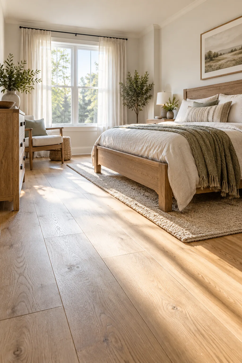 A heavy solid oak bed frame resting securely on a finished wide-plank wood floor in a bright bedroom.