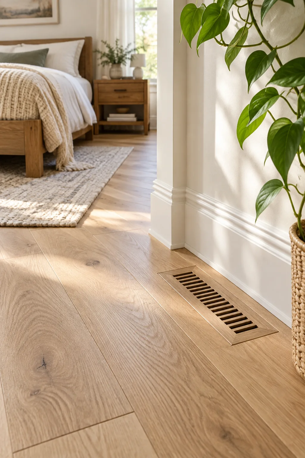 White oak floor planks running parallel to the sunlight entering through a large bedroom window.