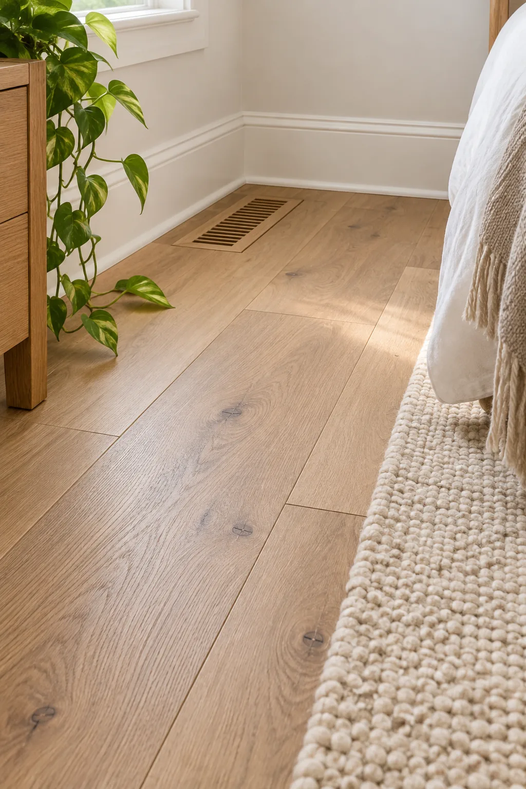 Crisp white baseboards meeting a finished wide-plank wood floor with a matching wood floor vent.