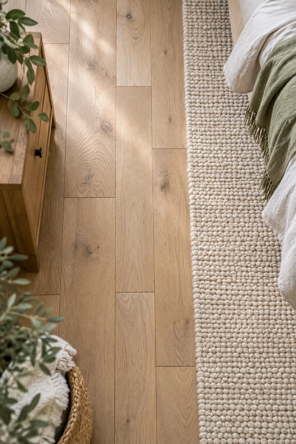 An overhead view of staggered wood floor joints next to a textured cream wool rug.