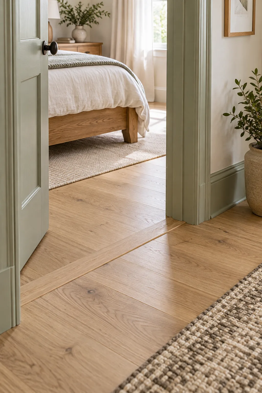 A flush wood transition piece connecting a bedroom floor to a hallway floor beneath a sage green door frame.