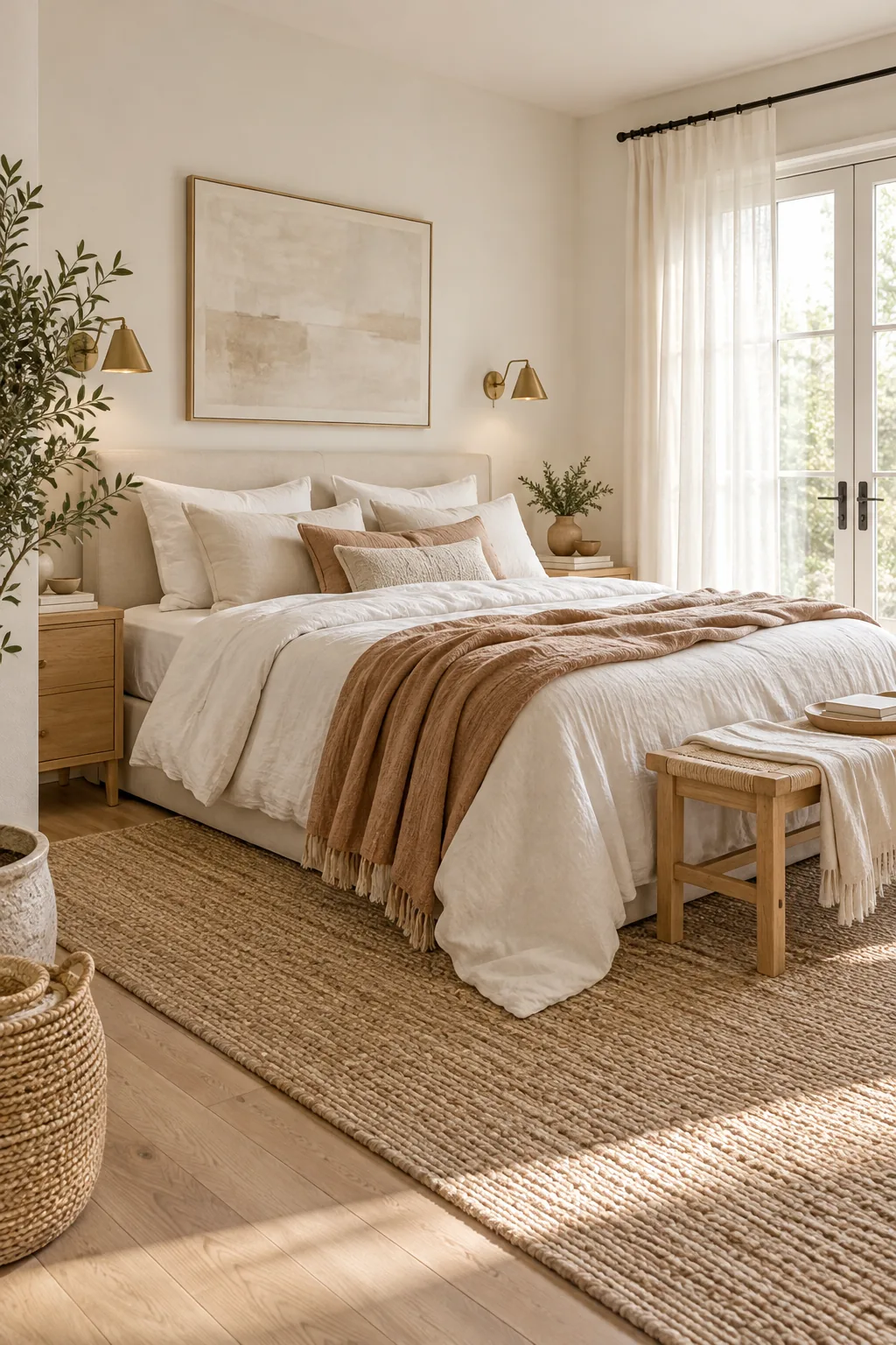 A minimalist organic bedroom with white linen bedding and pale oak furniture.