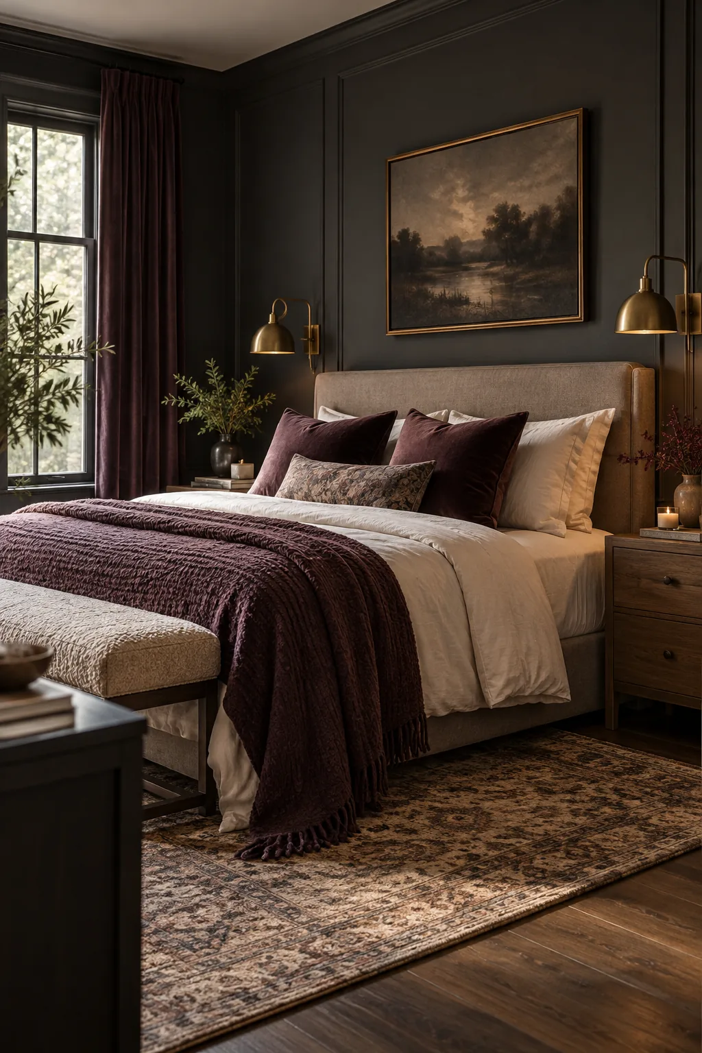 A moody boutique bedroom with dark charcoal walls and plum velvet pillows.