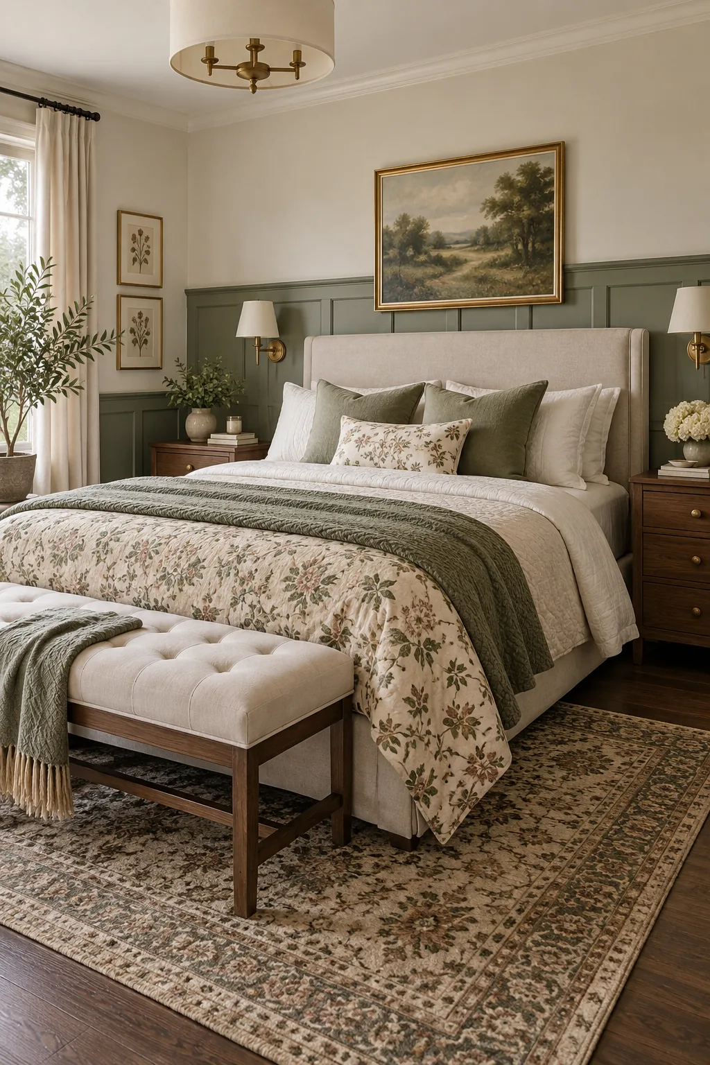 A modern traditional bedroom with sage green wainscoting and warm walnut nightstands.