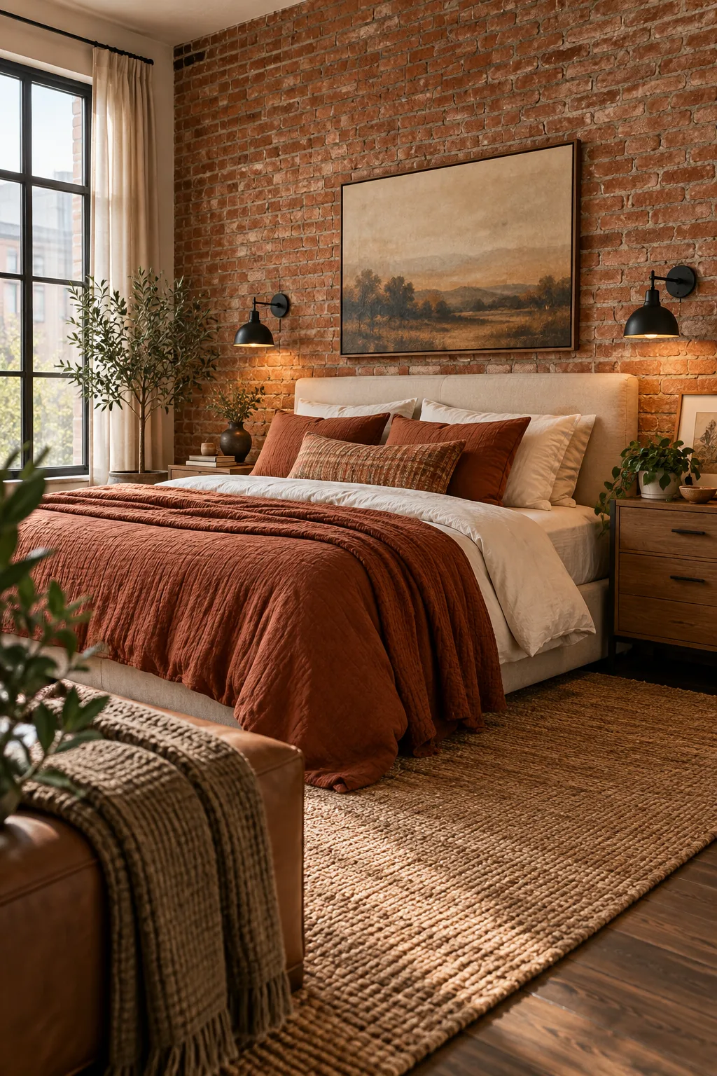 A warm industrial bedroom with an exposed brick wall and matte black sconces.