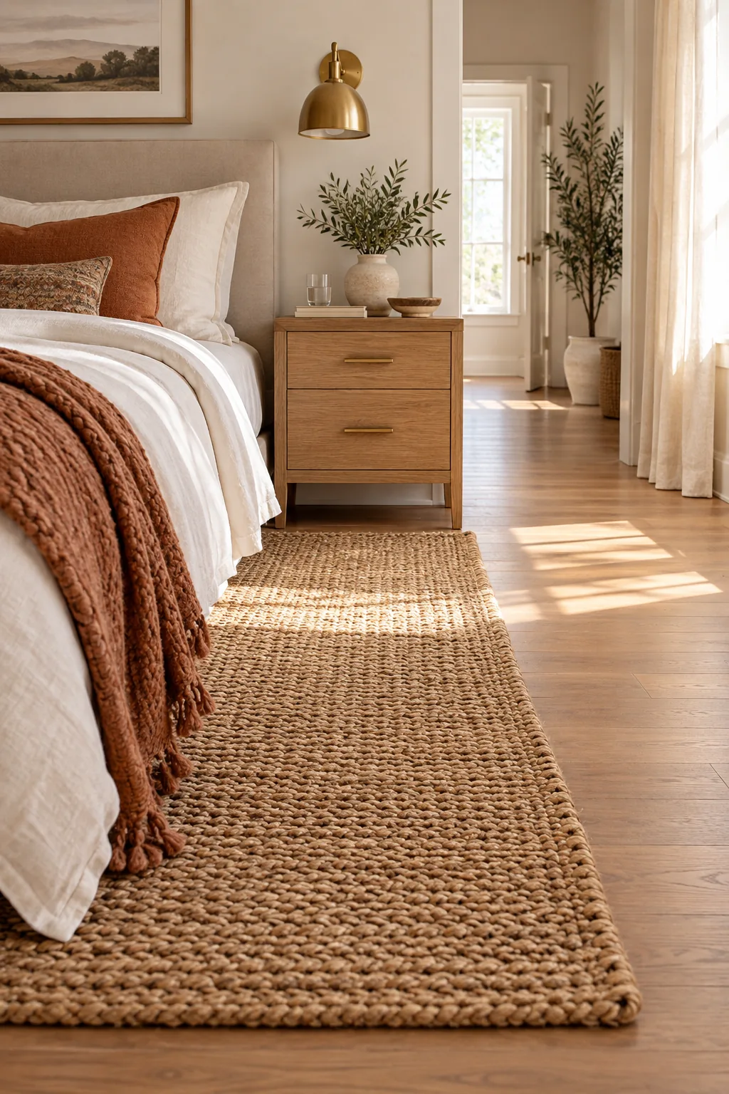 A wide, clear walkway beside a bed featuring a chunky jute rug and an oak nightstand.