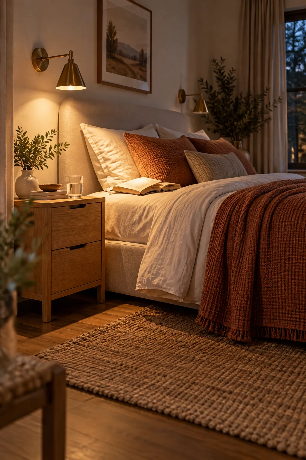 A brass wall sconce casting a narrow beam of light onto an open book on a bed.