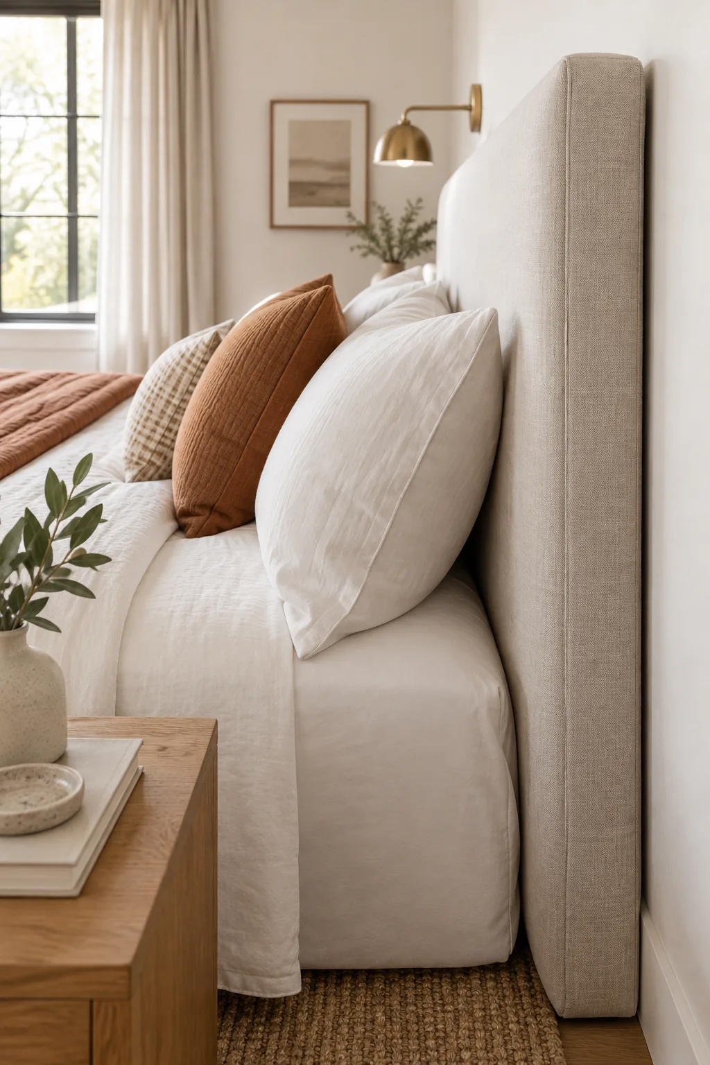 A side view of a linen upholstered headboard sitting flush and tight against a white bedroom wall.