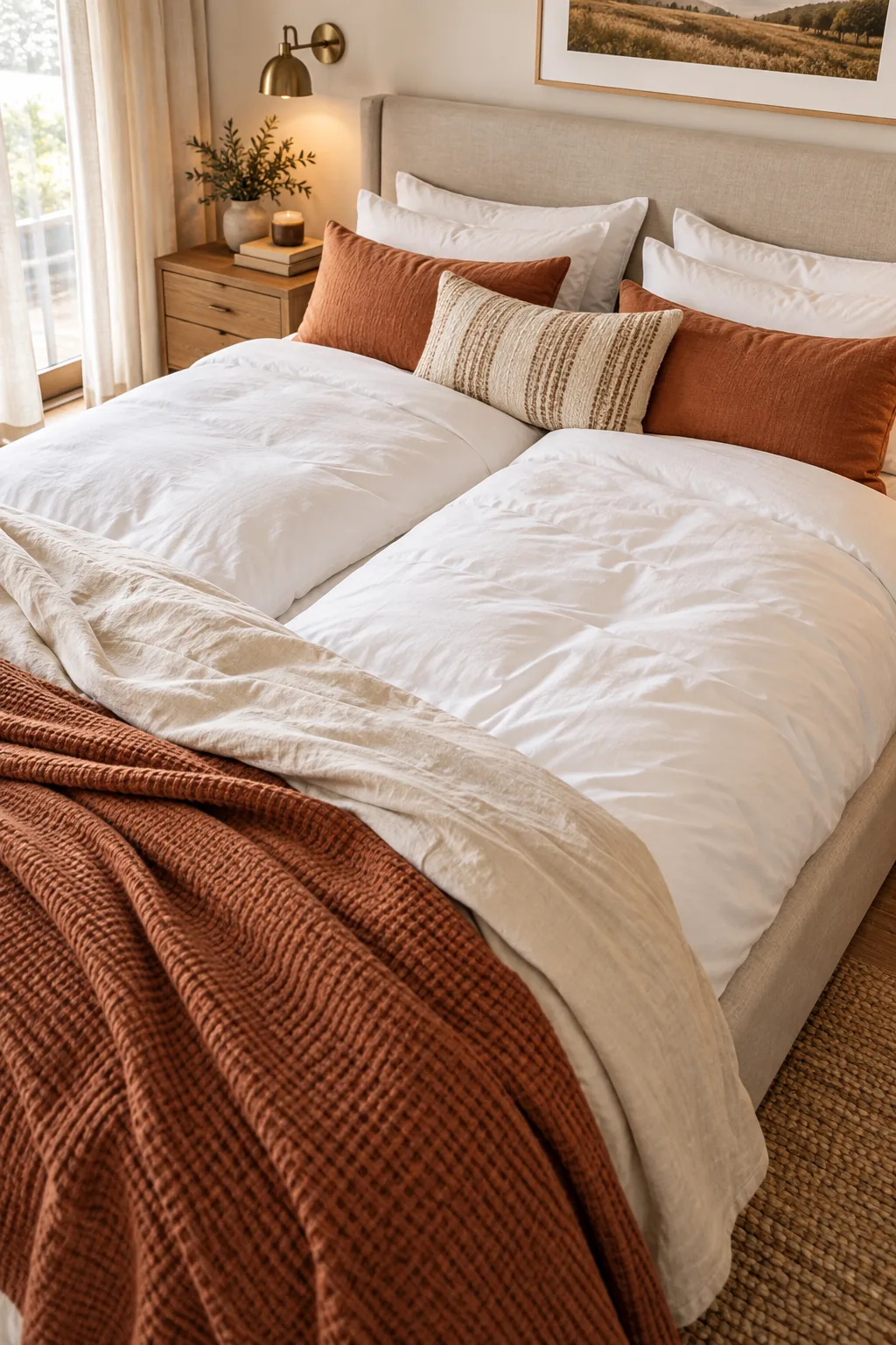 A wooden breakfast tray resting perfectly flat on a smooth, white made bed.