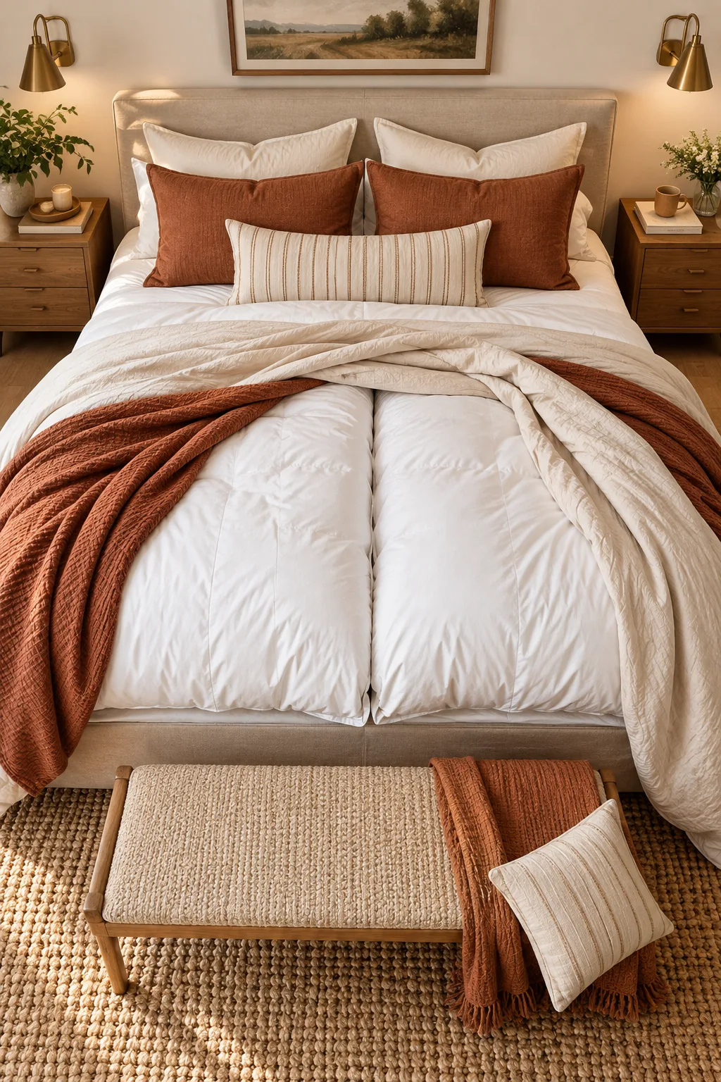 A king-sized bed with the top covers pulled back to reveal two separate white duvets.