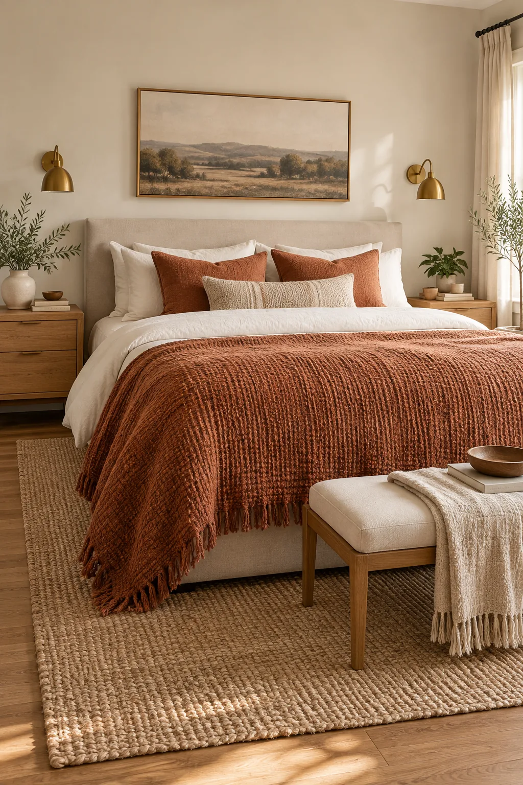 A fully styled bed with a heavy terracotta throw blanket draped across the lower half.