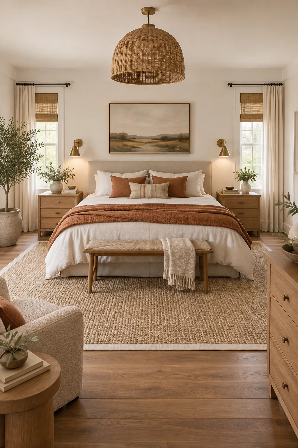 A wide view of a perfectly symmetrical and balanced couple's bedroom with ample walking space.