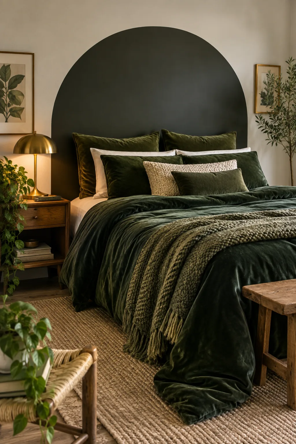 Bedroom with a charcoal painted arch, dark green velvet bedding, and a brass lamp.