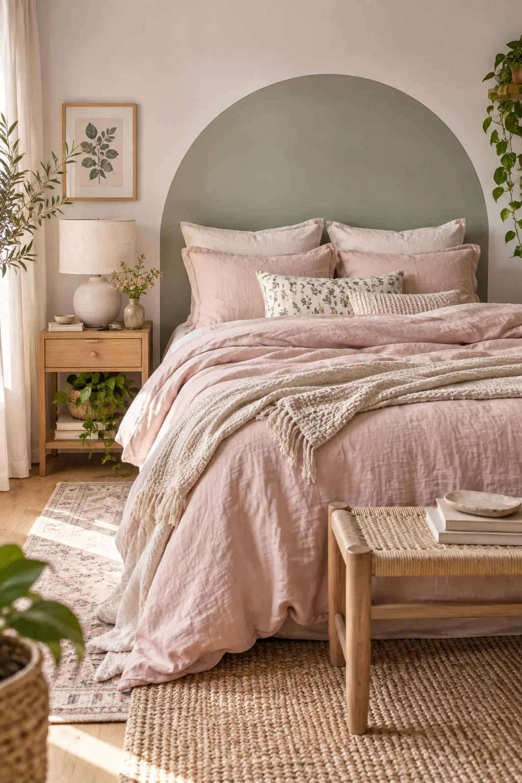 Bedroom with a sage green painted arch, blush pink linen sheets, and a light oak nightstand.