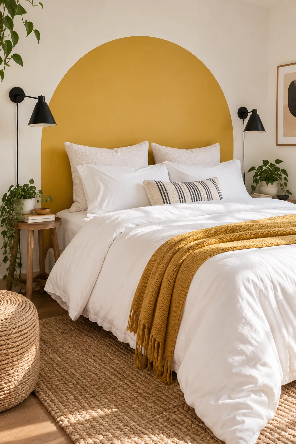 Bedroom with a mustard yellow painted arch, crisp white bedding, and a black wall sconce.