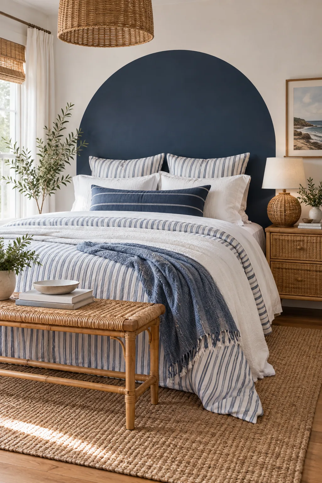 Bedroom with a navy blue painted arch, striped bedding, and a woven rattan lamp.