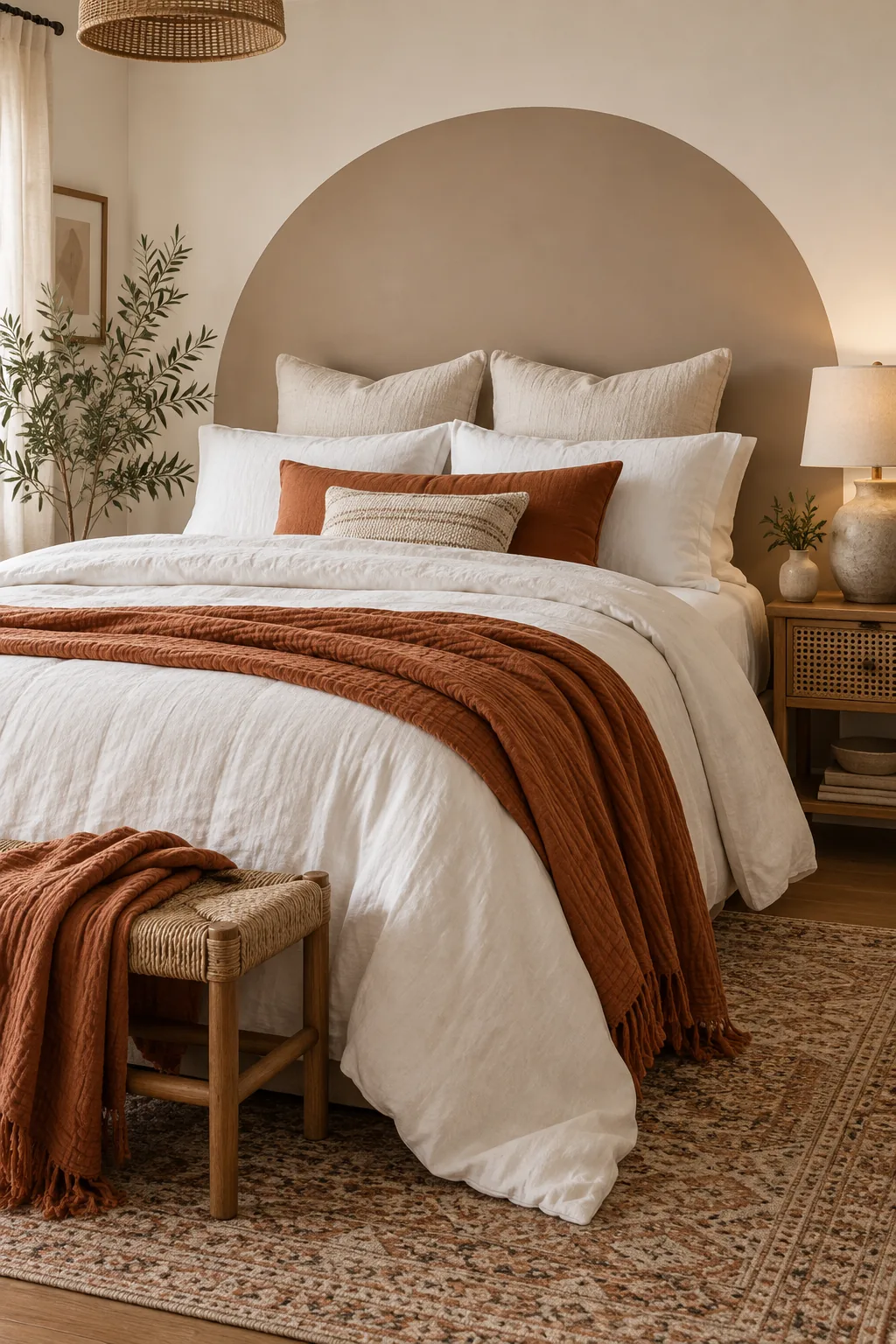 Bedroom with a warm taupe painted arch, rust orange throws, and a ceramic table lamp.