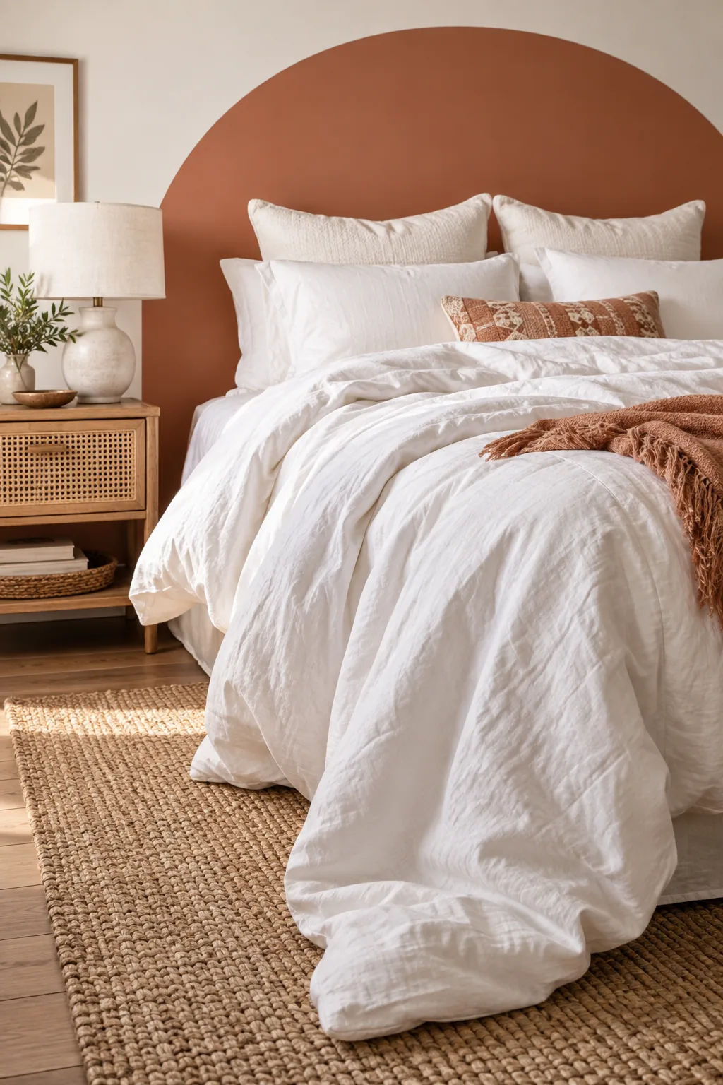 Close-up of a smooth, curved terracotta painted arch on a white bedroom wall above white pillows.