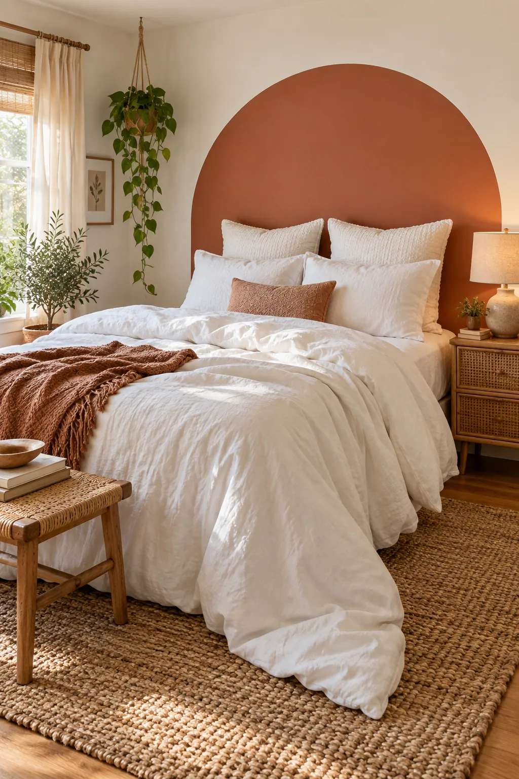 Oversized white linen duvet spilling over the side of a mattress, nearly touching a woven jute rug.